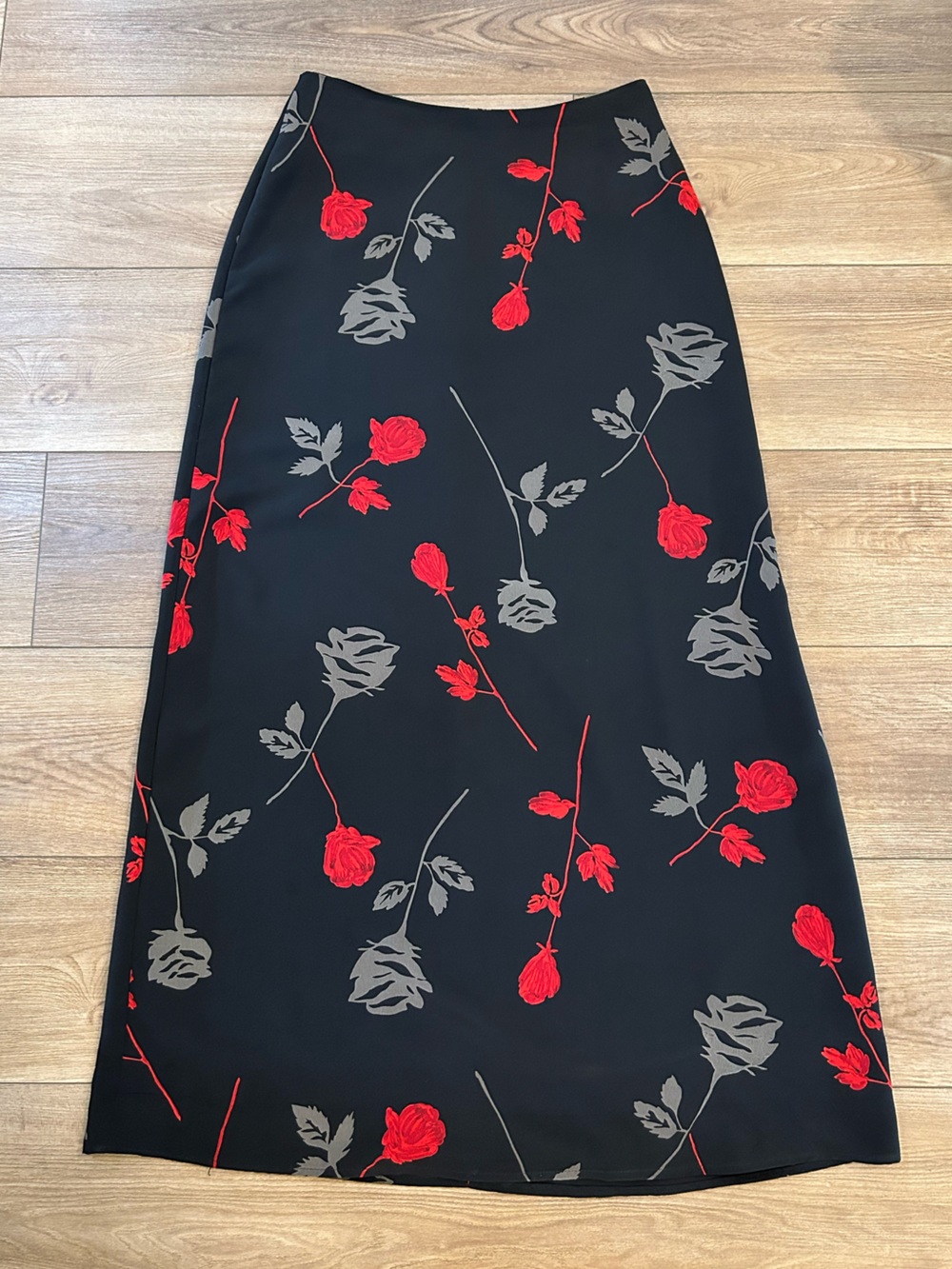 Vintage Heart Soul Rose Print Maxi Skirt Black Red Y2K Women’s S